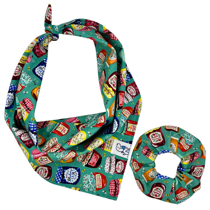 Colorful patterned bandana and matching headband on a white background